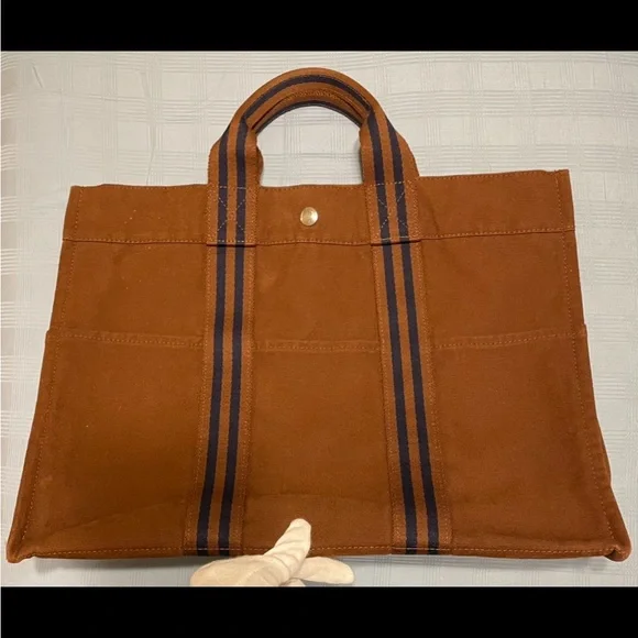 Authentic Hermes Large Vintage Rust and Navy Canvas Tote Bag - Picture 2 of 16